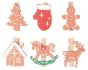 Mix dřevěných dekorací na kolíčku cca 3 x 4 x 0,3 cm, 6 ks v sáčku