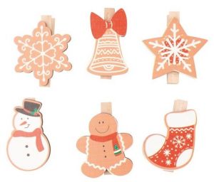 Mix dřevěných vánočních dekorací na kolíčku cca 3 x 4 x 0,3 cm, 6 ks v sáčku