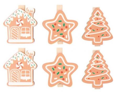 Mix dřevěných vánočních motivů na kolíčku cca 3 x 4 x 0,3 cm, 6 ks v sáčku