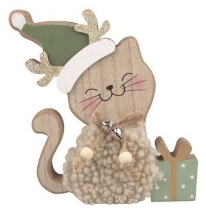 Kočka s dárkem dřevěná na postavení 13 x 17 x 2 cm