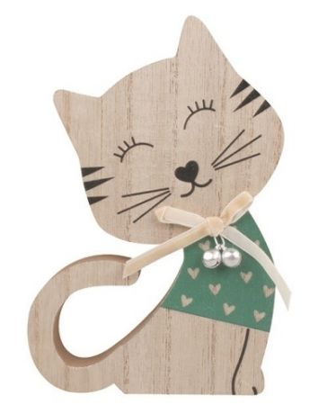 Kočka v zeleném dřevěná na postavení 12 x 18 x 2 cm