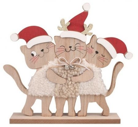 Kočky v červených čepicích dřevěné na postavení 23,5 x 22 x 4 cm