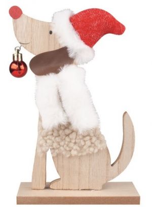Pes s baňkou dřevěný na postavení 13 x 21 x 5 cm