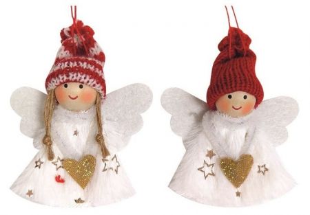 Anděl bíločervený na zavěšení 9,5 cm