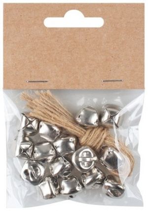 Rolničky o 1,5 cm s provázkem, 15 ks v sáčku, stříbrné