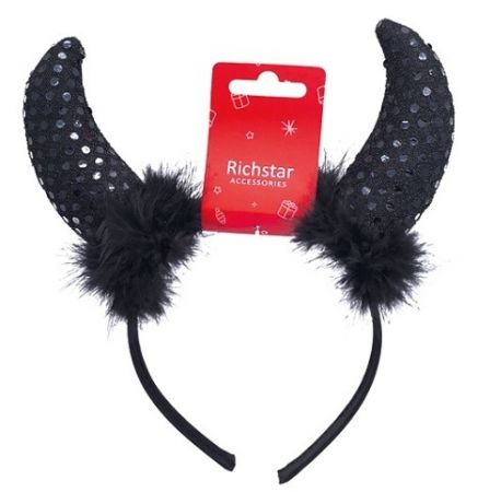 Čelenka do vlasů čertovské rohy s peřím černé, obvod 37 cm
