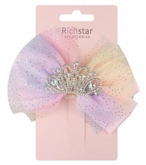 Sponka do vlasů - korunka s duhovou mašlí 12 x 10 x 3 cm