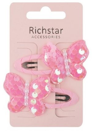 Sponky do vlasů s motýlky a flitry světle růžové 6,5 x 3,5 x 0,5 cm, 2 ks