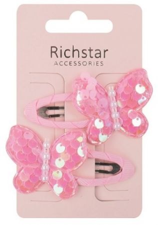 Sponky do vlasů s motýlky a flitry světle růžové 6,5 x 3,5 x 0,5 cm, 2 ks 