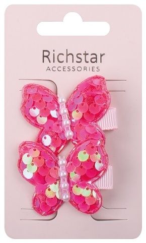Sponky do vlasů s motýlky a flitry tmavě růžové 4,5 x 3,5 x 0,5 cm, 2 ks