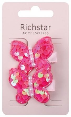 Sponky do vlasů s motýlky a flitry tmavě růžové 4,5 x 3,5 x 0,5 cm, 2 ks  