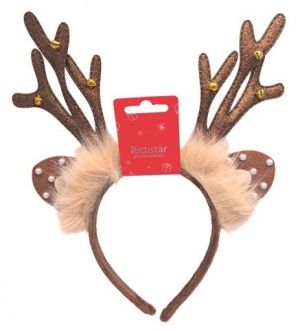 Čelenka do vlasů s parůžky s glitrem, s rolničkami, kožíškem a oušky, obvod 37 cm