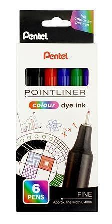 Liner "Pointliner", 6 různých barev, 0,4 mm, sada, PENTEL S40-6