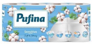 Toaletní papír &quot;Sensitive Aquabond&quot;, bez parfemace, 3-vrstvý, 8 rolí, PUFINA PP20807