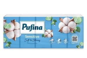 Papírové kapesníky "Sensitive", 3-vrstvé, 10x 10 ks, PUFINA PP20833