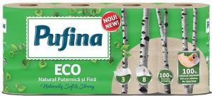 Toaletní papír "Eco", nebělený, bez chemických látek, 3-vrstvý, 8 rolí, PUFINA PP21042