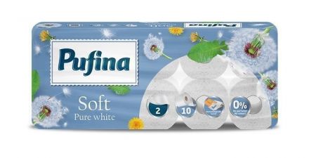Toaletní papír "Soft White", bez parfemace, 2-vrstvý, 10 rolí, PUFINA PP20645