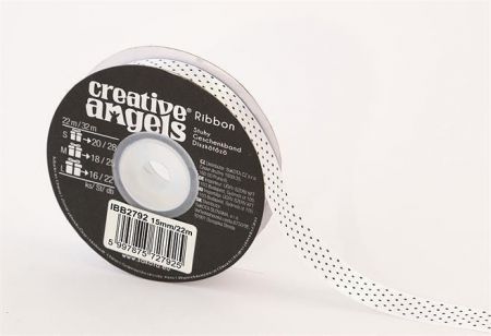 Saténová stuha, bílá s černými puntíky, 15 mm x 22 m, IBB2792