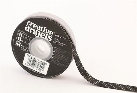 Saténová stuha, černá s bílými puntíky, 15 mm x 22 m, IBC2790