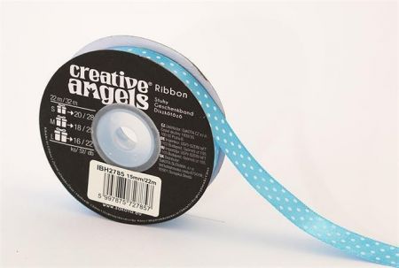 Saténová stuha, světle modrá s bílými puntíky, 15 mm x 22 m, IBH2785