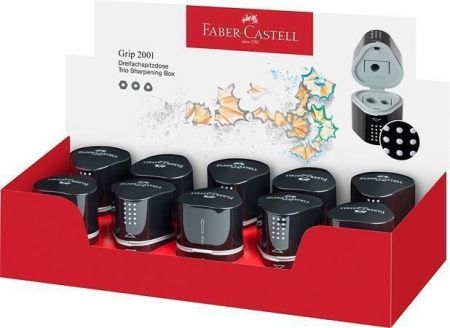 Ořezávátko "Grip 2001 Trio", displej/10 ks, černá, 3 otvory, se zásobníkem, FABER-CASTELL