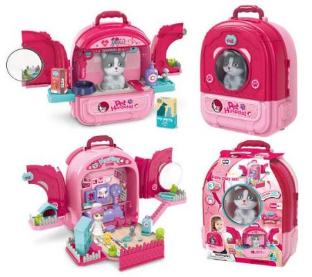 Zvířecí nemocnice v batohu Kočička 3v1 růžová