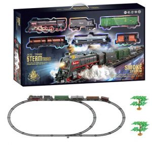 SET Elektrická vláčkodráha -  Parní lokomotiva s kouřem, světlem a zvukem na baterie 89 ks