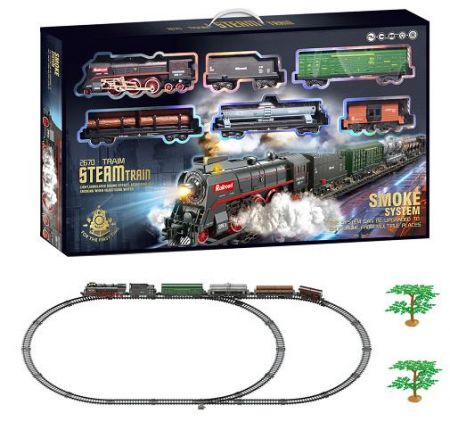 SET Elektrická vláčkodráha - Parní lokomotiva s kouřem, světlem a zvukem na baterie 89 ks