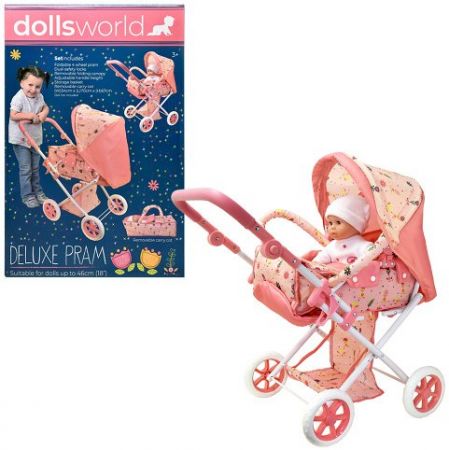 Dolls World Luxusní skládací kočárek pro panenky 46 cm s odnímatelnou korbičkou