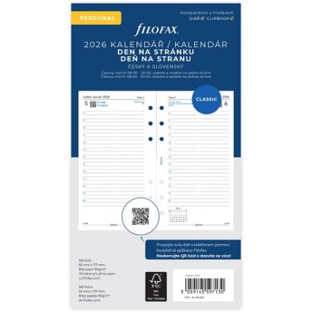 Filofax, Kalendář 2026, osobní, den / 1 strana, linky, ČJ+SJ