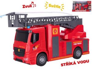 Auto hasiči 30cm stříkající vodu na setrvačník na baterie se světlem a zvukem v krabičce