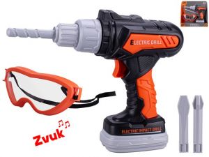 Vrtačka příklepová 20cm na baterie se zvukem + brýle 14,5cm a 2 vrtáky v krabičce