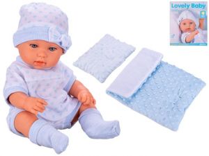 Miminko tvrdé tělo 33cm modré s peřinkami v krabičce
