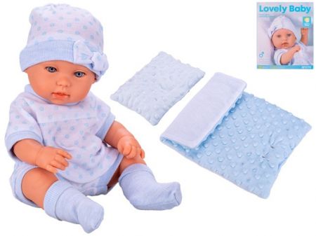 Miminko tvrdé tělo 33cm modré s peřinkami v krabičce
