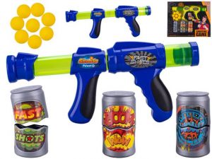 Pistole 42cm na natažení s pěnovými náboji 8ks a plechovkami 3ks 2barvy v krabičce