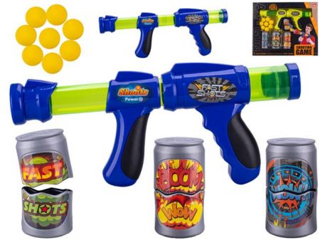 Pistole 42cm na natažení s pěnovými náboji 8ks a plechovkami 3ks 2barvy v krabičce