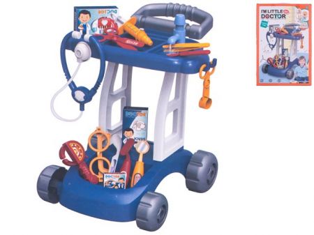 Vozík doktorský 37x31x37,5cm modrý s doplňky v krabičce