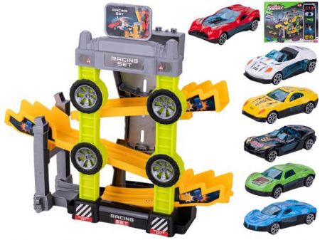 Závodní dráha 4v1 s auty 7cm kov volný chod 6ks v krabičce