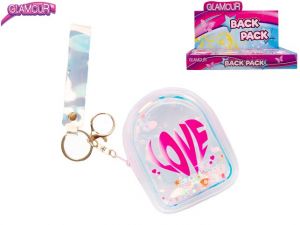 Glamour mini batůžek holografický 10,5cm se třpytkami s přívěskem na klíče