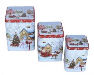 Vánoční plechové dózy s motivem zimní vesničky sada 3ks