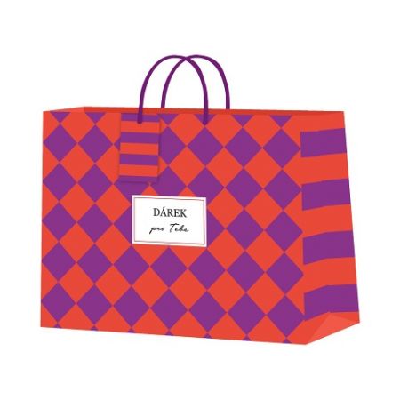 ALBI Dárková taška horizontální velká - Fialovo-oranžová šachovnice (32,4 × 12,7 × 26 cm)
