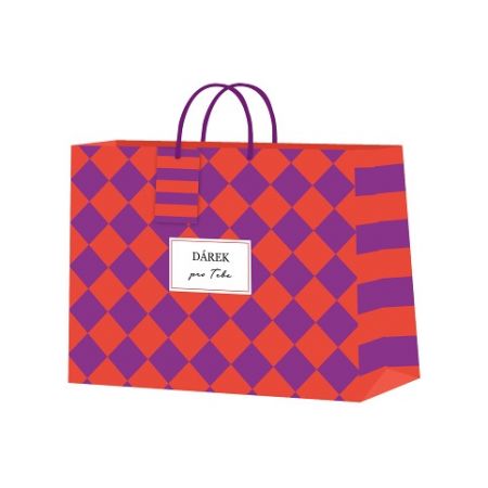 ALBI Dárková taška horizontální malá - Fialovo-oranžová šachovnice (22,9 × 9,8 × 17,8 cm)