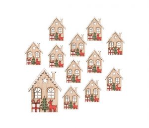 Dekorace vánoční dřevěná s lepíkem - domky 3,5cm, 12ks