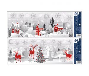 Okenní fólie vánoční - pruh s glitry domky a les s glitry 21 x 59,5cm