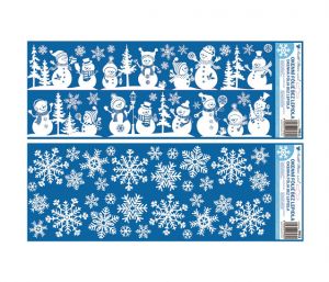 Okenní fólie vánoční - pruh s glitry vločky a sněhuláci 60 x 22,5cm