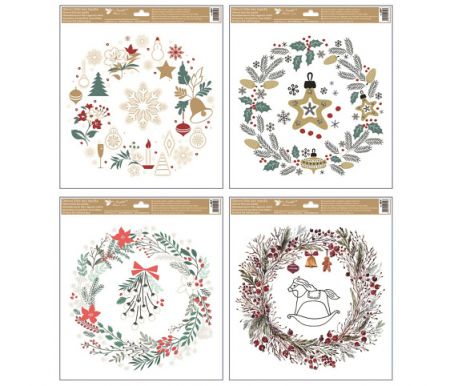 Okenní fólie vánoční - s glitry barevné věnce 30 x 33,5cm