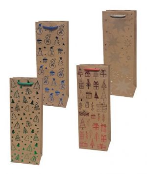 Vánoční papírová taška kraft TK-50S na láhev  26,4 x 32,4 x 13,7 cm