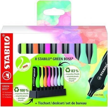 Zvýrazňovač "Green Boss Pastel", 8 různých barev, 2-5 mm, sada na stůl, STABILO 6070/08-5