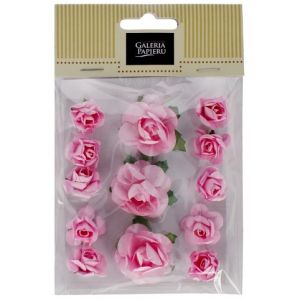 Samolepicí papírové květiny – růže, růžové, 13 ks