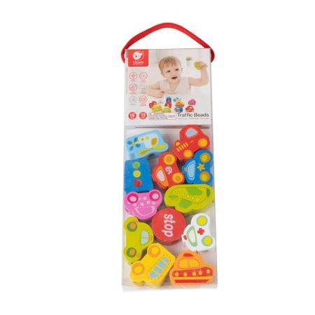 Dřevěná navlékačka dopravní prostředky 13 ks v blistru